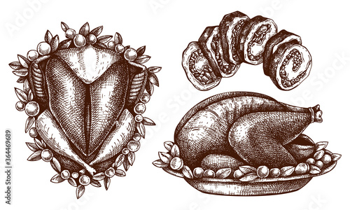 Thanksgiving day Turkey dishes illustrations. Roasted turkey with vegetables, rolled meat sketches. Traditional American meat dishes for Thanksgiving day dinner. 