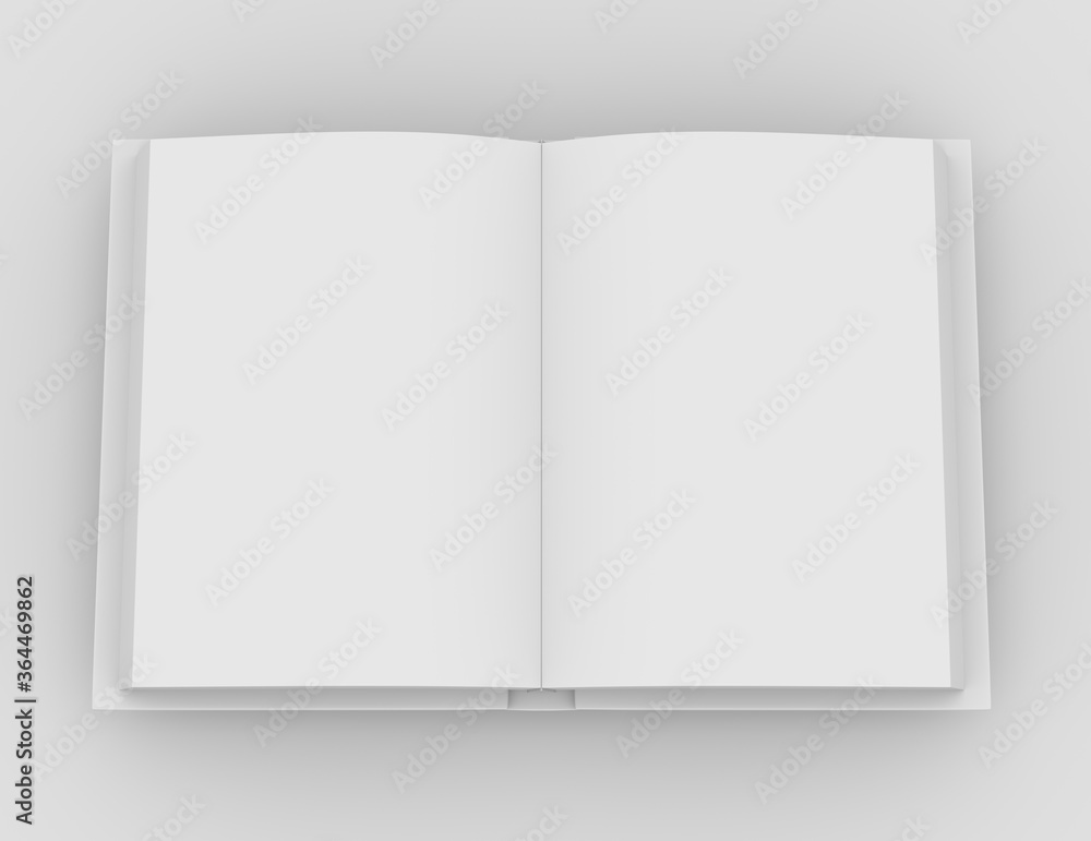 Hard-cover open book on white background. Template of a white blank book. 3D rendering. Hard-cover open book on white background. Template of a white blank book. 3D rendering.
