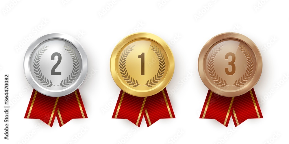 Golden, silver and bronze blank medals with red ribbons isolated on white background. Vector sports illustration. Golden, silver and bronze blank medals with red ribbons isolated on white background. Vector sports illustration.