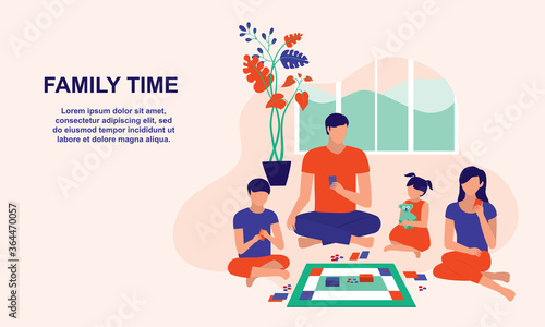 Family Playing Board Games Together At Home During Weekend. Family Moments And Parenting Concept. Vector Flat Cartoon Illustration.    
