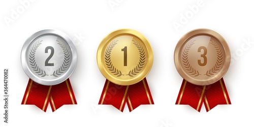 Golden, silver and bronze blank medals with red ribbons isolated on white background. Vector sports illustration.