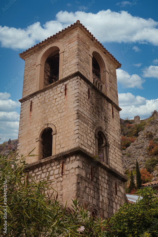 An Old Stone Bell Tower Behind Kotor Montenegro