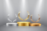 Winner background with golden, silver and bronze laurel wreaths with ribbons on round pedestal isolated on gray background. Vector winner podium sports symbols.