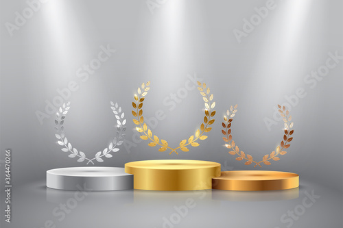 Winner background with golden, silver and bronze laurel wreaths with ribbons on round pedestal isolated on gray background. Vector winner podium sports symbols. photo