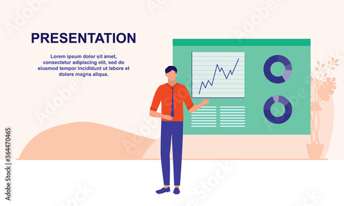 Young Businessman Giving A Public Presentation. Business Presentation, Seminar And Training Concept. Vector Flat Cartoon Illustration.