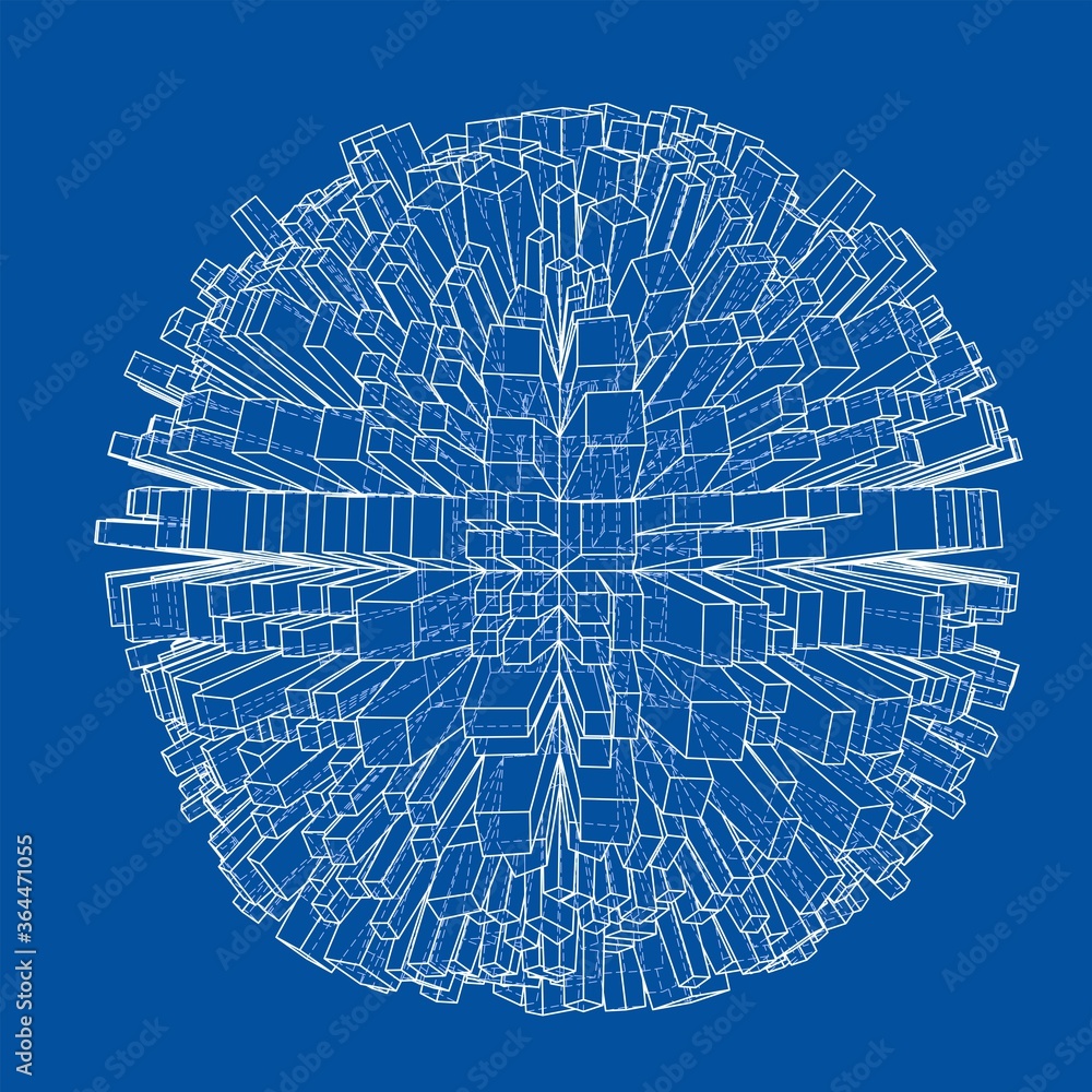 Abstract 3d Sphere with City, Blueprint Style