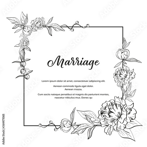 Square frame made with black and white peony flowers leaves. Mockup for template with text example for greeting card