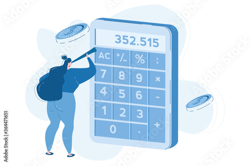 Money savings estimation,, calculator, coins, Vector illustration for web banner, infographics, mobile. 
