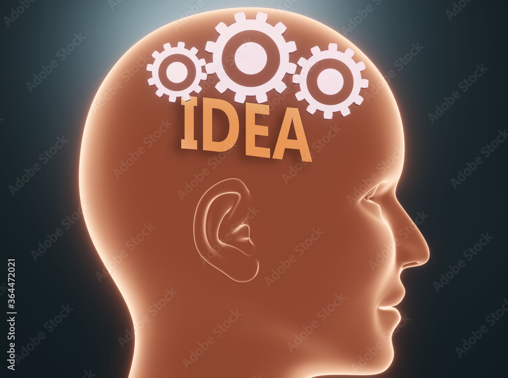 Idea inside human mind - pictured as word Idea inside a head with cogwheels to symbolize that Idea is what people may think about and that it affects their behavior, 3d illustration Idea inside human mind - pictured as word Idea inside a head with cogwheels to symbolize that Idea is what people may think about and that it affects their behavior, 3d illustration