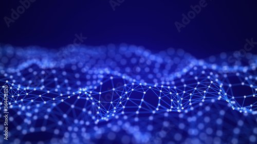 Digital dynamic wave. Abstract futuristic blue background with dots and lines. Big data visualization. 3D rendering.