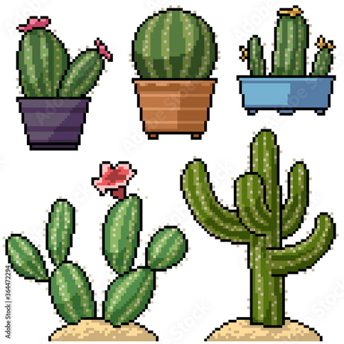 pixel art set isolated cactus decoration