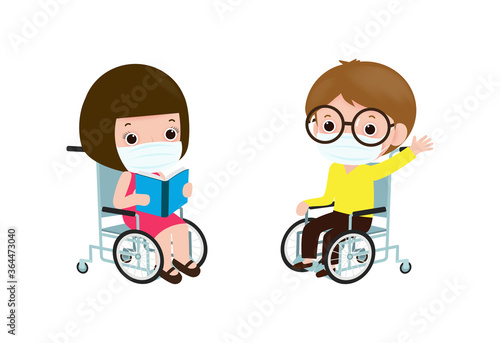 Back to school for new normal lifestyle concept, happy disabled little boy and girl in wheelchair wearing face mask protect coronavirus covid-19 poster isolated on white background Vector illustration