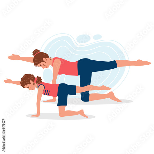 Mother and daughter practicing yoga together. Yoga with mom. Concept illustration for yoga, meditation, relax and healthy lifestyle. Vector illustration in flat cartoon style.