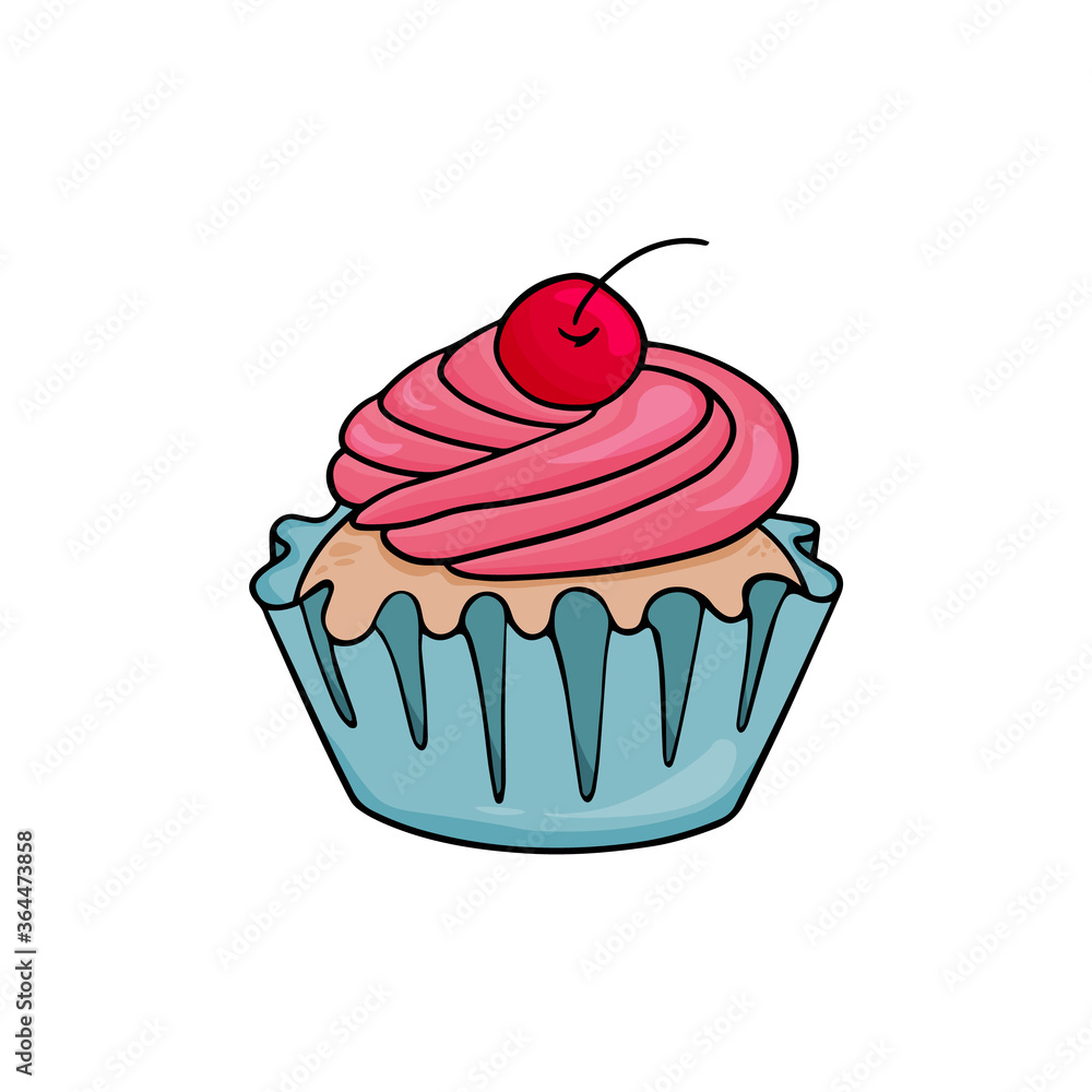 Delicious cupcake with yummy pink cream and cherry on the top. Cupcake vector illustration in colorful cartoon style in blue paper cup Delicious cupcake with yummy pink cream and cherry on the top. Cupcake vector illustration in colorful cartoon style in blue paper cup