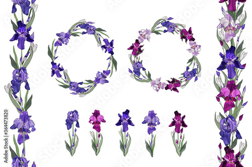 Floral set of flowers irises, round frame, seamless border. Isolated on white.Violet and purple flower for the design greeting cards, wedding invitation,textiles, wallpaper. Vector stock illustration.