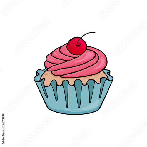 Delicious cupcake with yummy pink cream and cherry on the top. Cupcake vector illustration in colorful cartoon style in blue paper cup