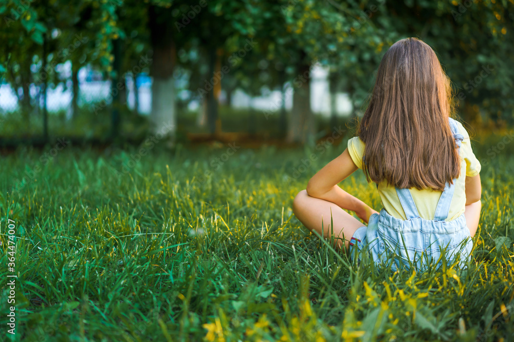 Little girl child in denim overalls sitting on the grass at sunset rear view, place for text copy space Little girl child in denim overalls sitting on the grass at sunset rear view, place for text copy space