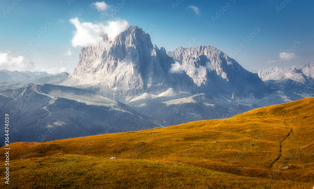 Amazing Nature Landscape. Bright Summer Scene at Gardena valley. Langkofel massif, viewed from alpine meadows of the Dolomites Alps, Italy. Puez-Odle Nature Park. Awesome natural Background
