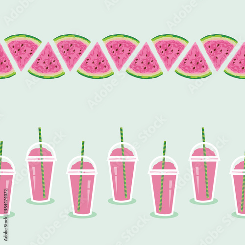 Summer Watermelon Slices and Slushy Drinks Vector Seamless Horizontal Borders Set