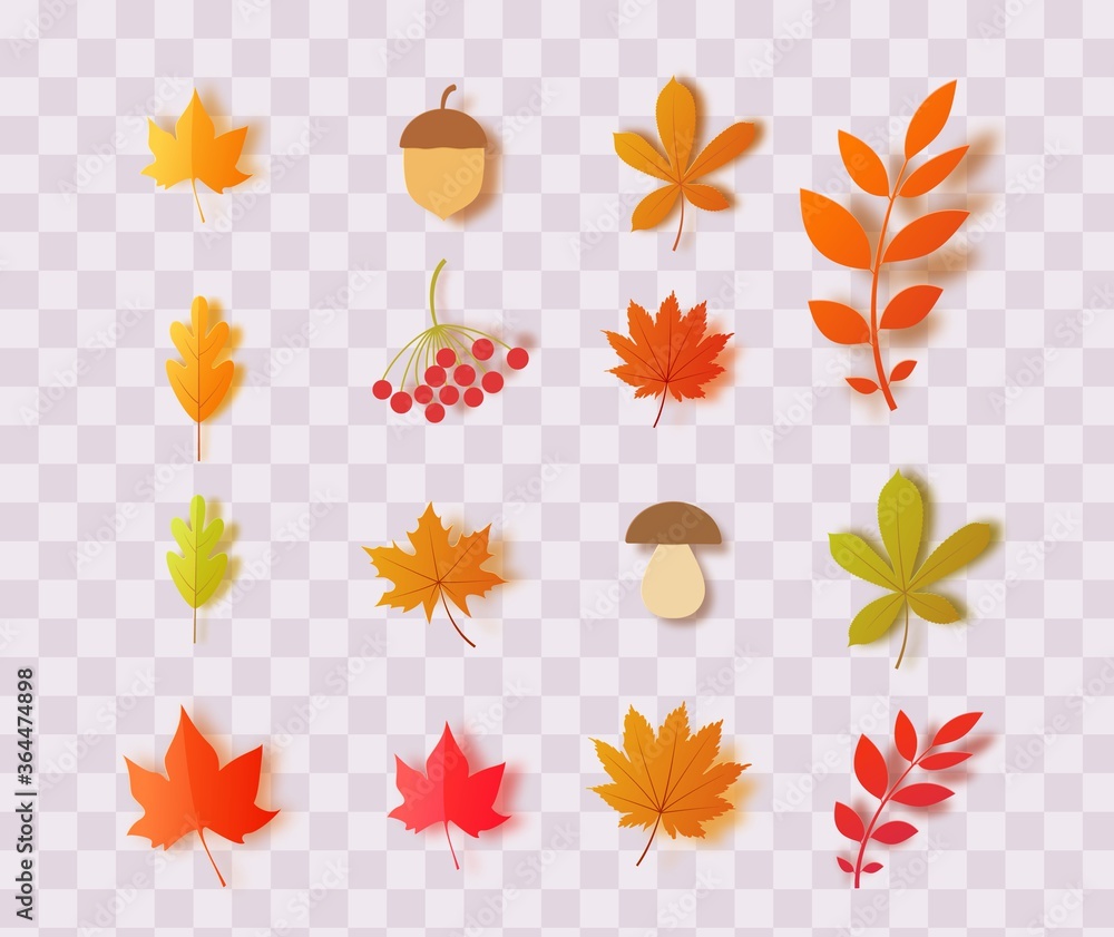 Set of autumn leaves mushroom acorn berries in paper cut style. Vector 3d collection forest plants oak maple chestnut leaf. Papercut craft elements for Thanksgiving day poster design Set of autumn leaves mushroom acorn berries in paper cut style. Vector 3d collection forest plants oak maple chestnut leaf. Papercut craft elements for Thanksgiving day poster design