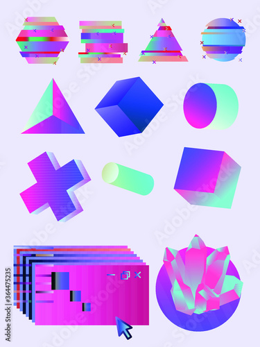 Set of vaporwave style elements for stickers and patches. Holographic crystals and user interface elements.