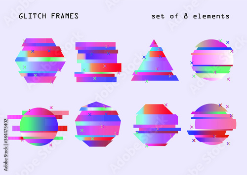 Set of vaporwave style glitched elements for technology and science project. Abstract vector illustration.