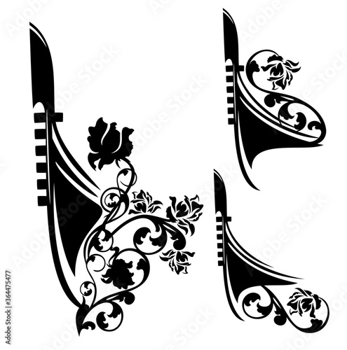 gondola boat decorative bow with rose flowers floral ornament - venetian symbol black and white vector silhouette design set