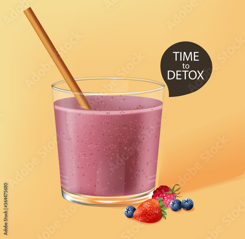 Old fashioned glass with bamboo straw. Berry smoothie with strawberry and blueberry decoration. Time to detox