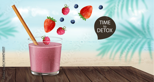 Time to detox banner with old fashioned glass and bamboo straw. Berry smoothie with strawberry and blueberry decoration flying. Beach and palm leaves on background