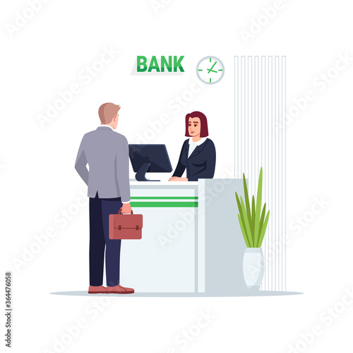 Bank semi flat RGB color vector illustration. Man talk with advisor on reception. Cashier with male client. Financial consultant with customer isolated cartoon characters on white background