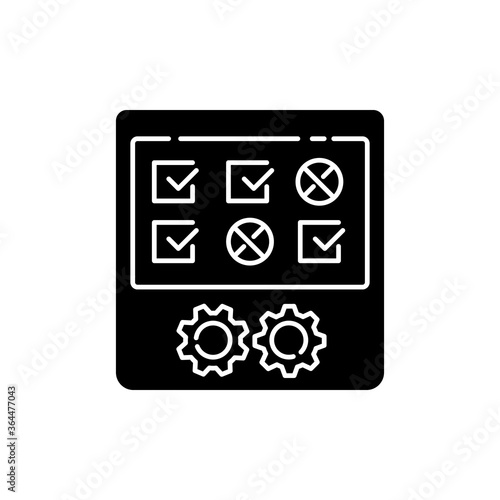 Production testing black glyph icon. Post manufacturing process, product quality control silhouette symbol on white space. Quality evaluation, equipment examination. Vector isolated illustration