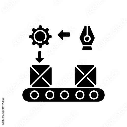 Continuous flow black glyph icon. Mass production model silhouette symbol on white space. Organized industrial manufacturing process stages. Products on conveyor belt vector isolated illustration