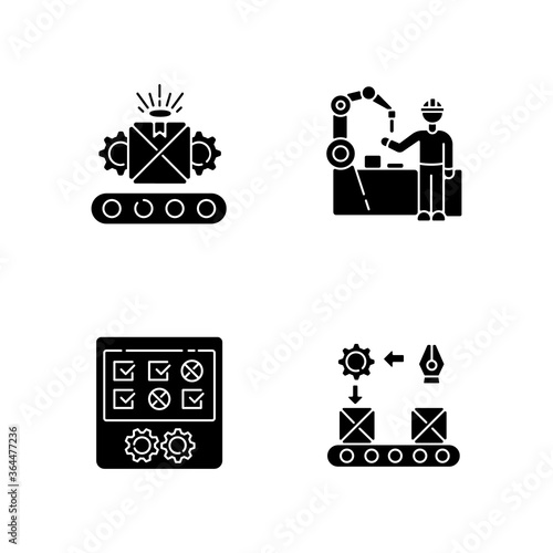 Continuous production flow black glyph icons set on white space. Employees training, custom manufacturing and product testing silhouette symbols. Industrial processes. Vector isolated illustrations