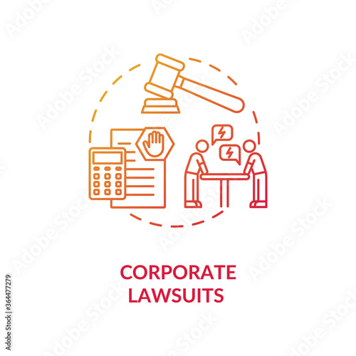 Corporate lawsuit concept icon. Financial and legal consulting service. Proceeding in court of law idea thin line illustration. Vector isolated outline RGB color drawing