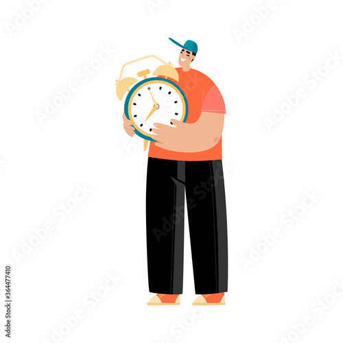 Wake up or deadline concept. Vector illustration of a young man with a huge alarm clock in his hands.