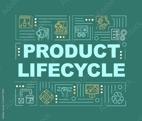Product life cycle word concepts banner. Development and implementation. Infographics with linear icons on green background. Isolated typography. Vector outline RGB color illustration
