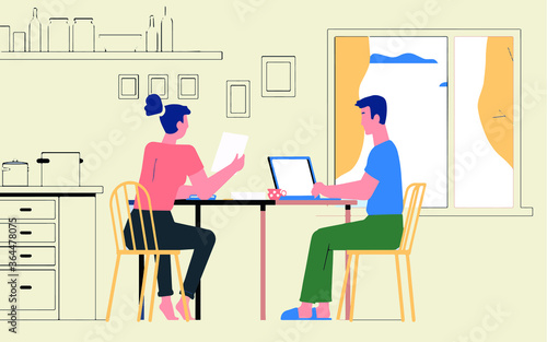 a man and a woman are sitting on a chair at the kitchen table, the man is working on the computer, the lady is looking at a document, the window in which clouds can be seen in the sky,vector,cartoon,