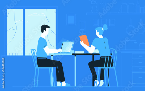 a man and a woman are sitting on a chair at the kitchen table, the man is working on the computer, the lady is looking at a document, the window in which clouds can be seen in the sky,vector.