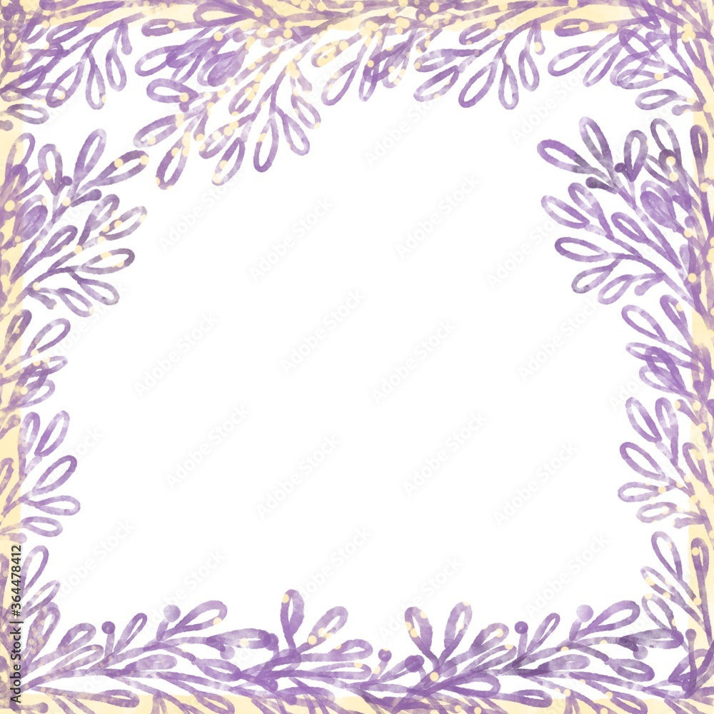 Frame watercolor purple branches with leaves to decorate the celebration on a white background