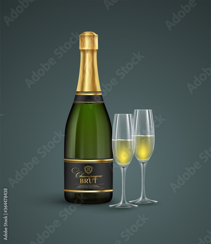 Realistic bottle and glasses of champagne isolated on a transparent background. Vector illustration