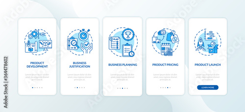 Corporate development onboarding mobile app page screen with concepts. Business plan. Product management walkthrough 5 steps graphic instructions. UI vector template with RGB color illustrations