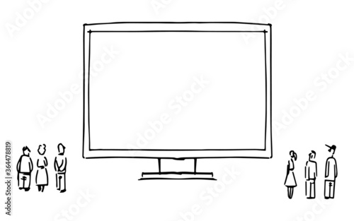 In this storyboard there is a monitor and people looking at this monitor,storyboard.