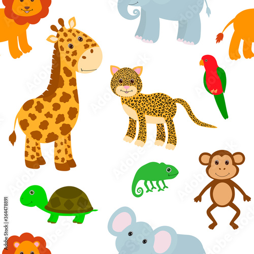 Seamless pattern Cute animals lion elephant giraffe parrot chameleon turtle leopard monkey vector illustration
