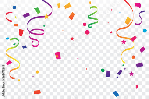 Colorful Confetti And Ribbon Falling On Transparent Background. Celebration & Party. Vector Illustration
