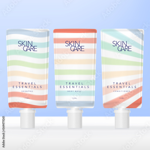Vector Mini Travel Essential Toiletries Screw Cap Packet with Pastel Color Rainbow Stripe Pattern