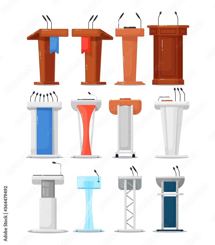 Tribune icon set. Isolated debate podium tribune with microphone icon