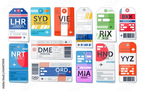 Luggage tag set. Isolated airport baggage ticket label icon collection. Travel luggage paper tags with text. Vector vacation destination concept illustration photo