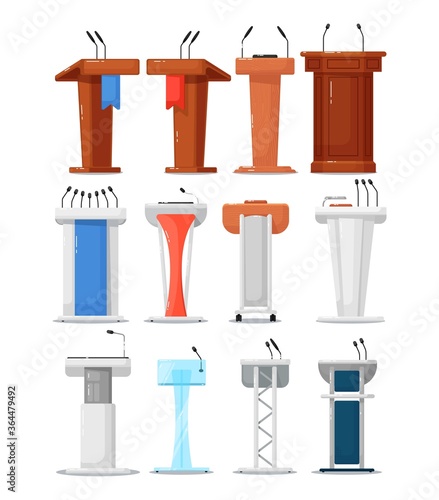Tribune icon set. Isolated debate podium tribune with microphone icon collection. Vector wooden and metal conference rostrum stand. Business speech, communication and presentation concept