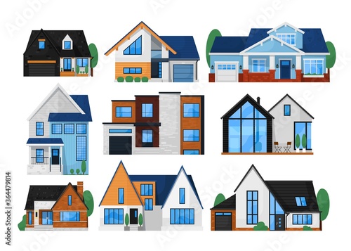 House exterior front set. Isolated residential city building icon. Modern cottage house exterior front view collection. Vector home architecture