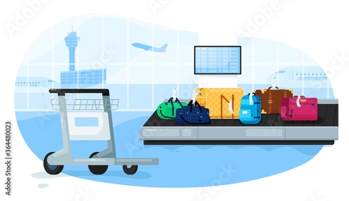 Luggage conveyor. Baggage suitcases on luggage conveyor belt and cart in empty airport arrival hall. Vector bags transportation and travel
